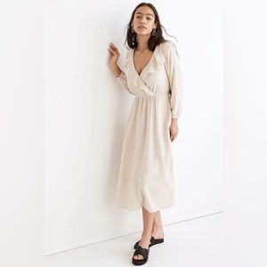NEW Madewell - Linen-Cotton Ruffle Neck Midi Dress in Undyed Oat S